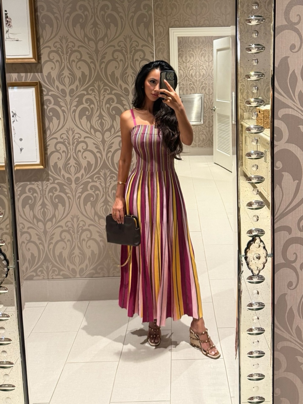 Soleil Striped Midi Dress Strapless Multicolor Pleated in Pink & Yellow